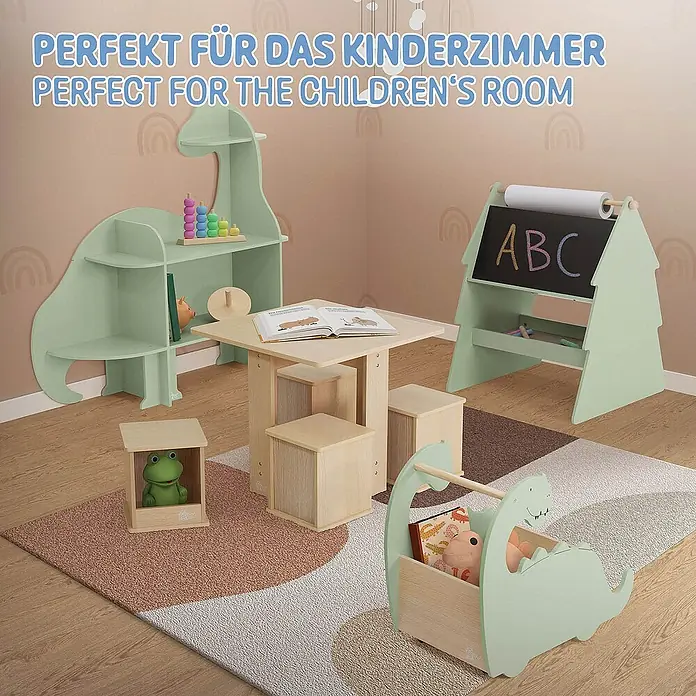 ECD Germany Holzregal Dino Spielzeugkiste mit 4 Rollen ideal als Lauflernwagen MDF / Kiefe -  - Das perfekte Kinderzimmer: Dinosaurier-Regal, Tisch mit Stühlen, Staffelei und Spielzeugkiste im Dino-Design für ein stilvolles Kinderzimmer.