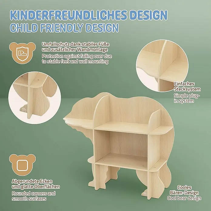 ECD Germany Holzregal Bär Bücherregal mit 2 Ebenen MDF -  - Kinderregal im Bären-Design: Kinderfreundliches Design mit abgerundeten Ecken und einfacher Stecksystem Montage.