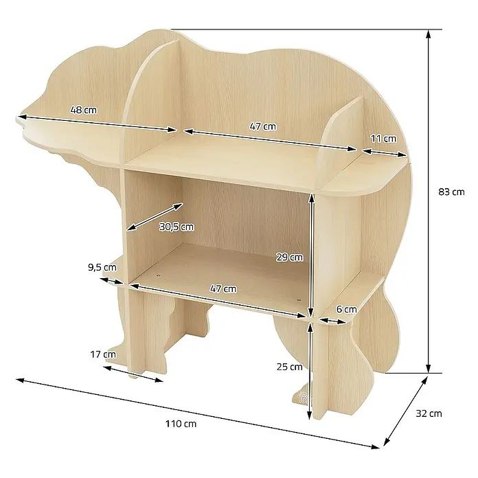 ECD Germany Holzregal Bär Bücherregal mit 2 Ebenen MDF -  - Detailansicht des Bärenregals mit Maßangaben, das die Abmessungen und das Design des Produkts hervorhebt.