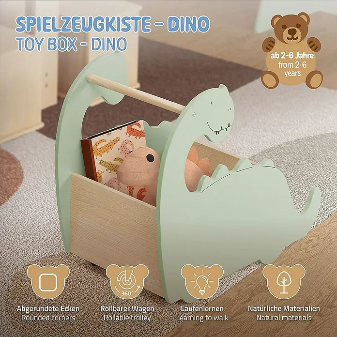 ECD Germany Holzregal Dino Spielzeugkiste mit 4 Rollen ideal als Lauflernwagen MDF / Kiefe -  - Eine mintgrüne Spielzeugkiste in Dino-Form mit abgerundeten Ecken, Rollen und aus natürlichen Materialien. Geeignet für Kinder von 2-6 Jahren.