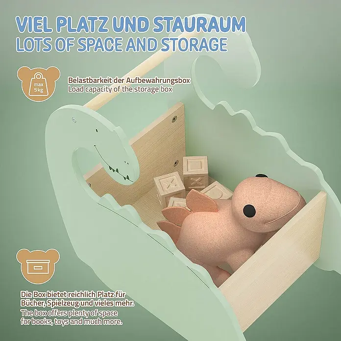 ECD Germany Holzregal Dino Spielzeugkiste mit 4 Rollen ideal als Lauflernwagen MDF / Kiefe -  - Geräumige Aufbewahrungsbox im Dinosaurier-Design für Kinderzimmer. Bietet viel Platz für Spielzeug und Bücher. Maximale Traglast 5 kg.