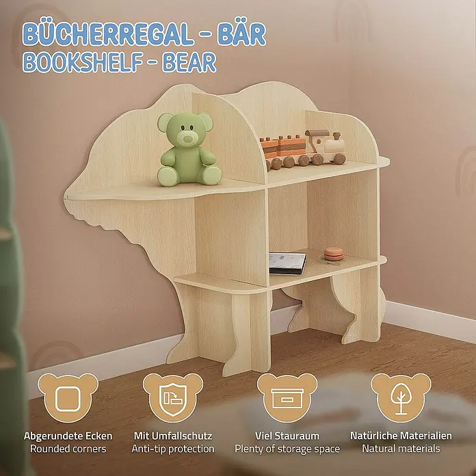 ECD Germany Holzregal Bär Bücherregal mit 2 Ebenen MDF -  - Bärenförmiges Bücherregal aus Naturholz mit abgerundeten Ecken und viel Stauraum für Kinderzimmer.