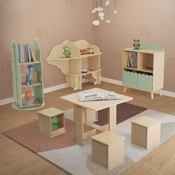 ECD Germany Holzregal Bär Bücherregal mit 2 Ebenen MDF -  - Kinderzimmer-Möbelset mit Tisch, Stühlen und Regalen in sanften Farben für eine freundliche Atmosphäre.