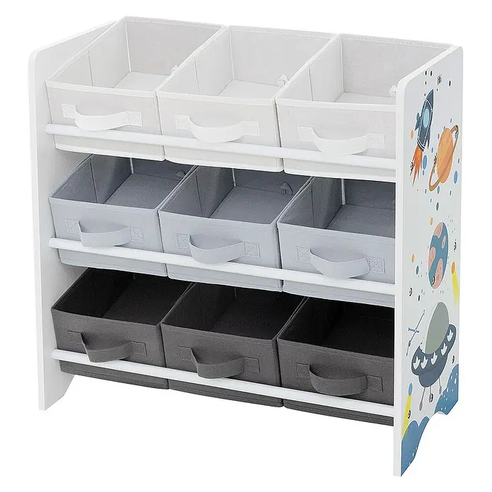 ECD Germany Holzregal Weltraum Bücherregal mit 9 Boxen & 3 Etagen Pressspan / Vlies -  - Aufbewahrungseinheit für Kinder mit drei Regalen mit Stoffschubladen in Weiß, Grau und Anthrazit. Mit Weltraummotiv an den Seiten.