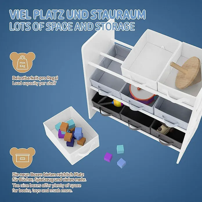 ECD Germany Holzregal Weltraum Bücherregal mit 9 Boxen & 3 Etagen Pressspan / Vlies -  - Bild eines weißen Spielzeugregals mit mehreren Aufbewahrungsboxen in verschiedenen Farben, gefüllt mit Spielzeug.