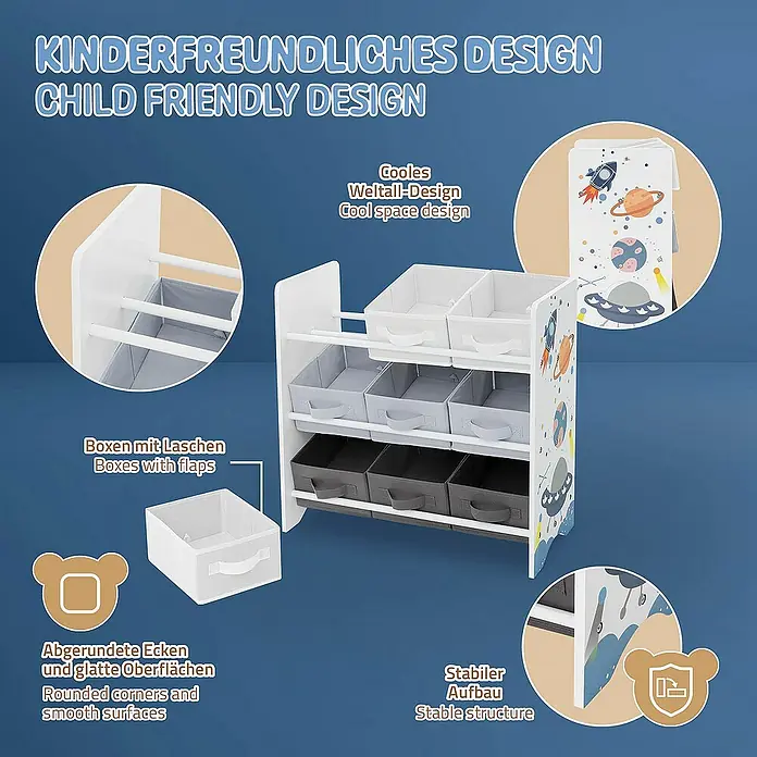 ECD Germany Holzregal Weltraum Bücherregal mit 9 Boxen & 3 Etagen Pressspan / Vlies -  - Kindgerechtes Spielzeugregal mit Weltraumdesign und Stoffboxen in Weiß-, Grau- und Schwarztönen für Kinderzimmer.