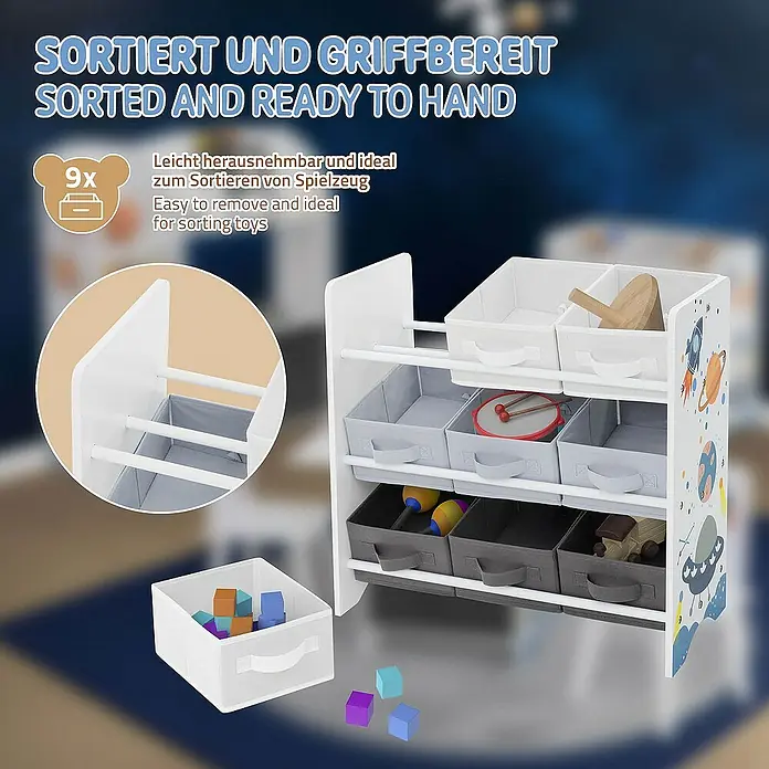 ECD Germany Holzregal Weltraum Bücherregal mit 9 Boxen & 3 Etagen Pressspan / Vlies -  - Ein Spielzeugregal mit neun Fächern in Weiß, Grau und Schwarz, ideal zur Aufbewahrung und Organisation von Spielsachen im Kinderzimmer.