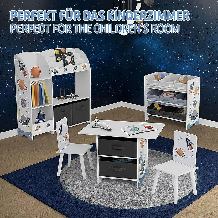 ECD Germany Holzregal Weltraum Bücherregal mit 9 Boxen & 3 Etagen Pressspan / Vlies -  - Kinderzimmer-Set mit Tisch, Stühlen, Regalen und Aufbewahrungskisten im Weltraumdesign, perfekt für kleine Astronauten.