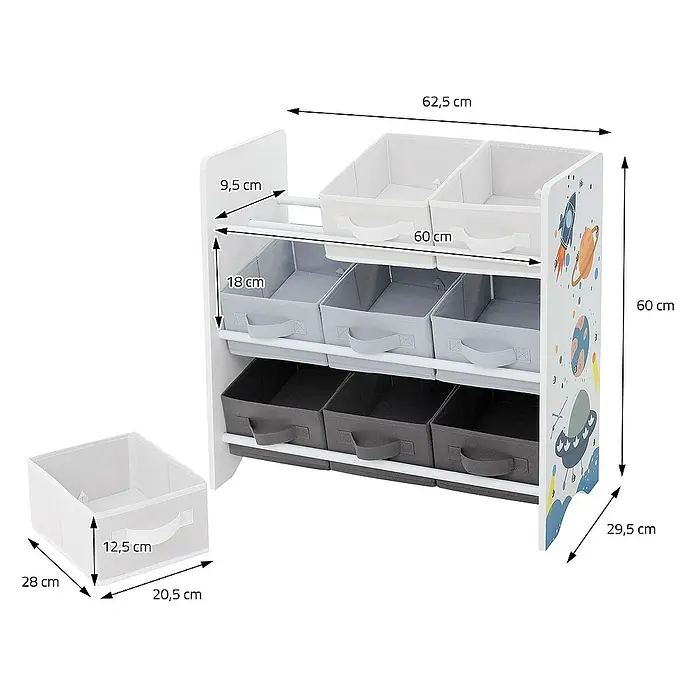 ECD Germany Holzregal Weltraum Bücherregal mit 9 Boxen & 3 Etagen Pressspan / Vlies -  - Ein Kinderregal mit bunten Weltraummotiven und verschiedenen Aufbewahrungsboxen in Weiß-, Grau- und Schwarztönen.