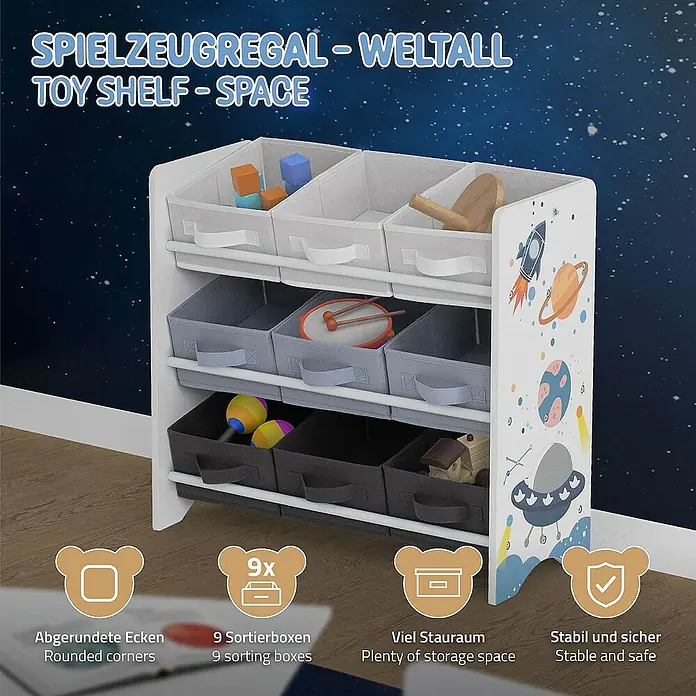ECD Germany Holzregal Weltraum Bücherregal mit 9 Boxen & 3 Etagen Pressspan / Vlies -  - Spielzeugregal mit Weltraum-Motiv, inklusive 9 Sortierboxen in Weiß, Grau und Schwarz. Abgerundete Ecken sorgen für Sicherheit.