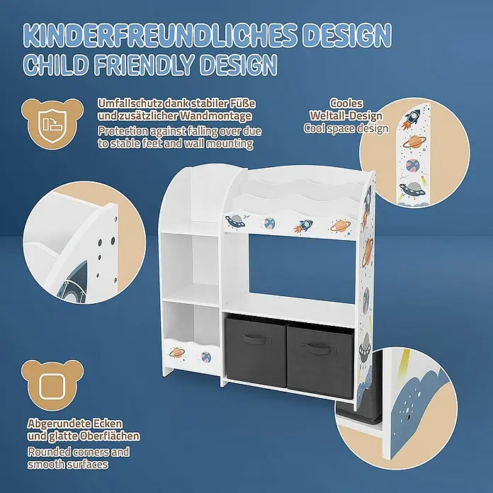 ECD Germany Holzregal Weltraum Bücherregal mit 8 Ablagen & 2 Boxen Pressspan / Vlies -  - Das kinderfreundliche Bücherregal mit Weltraumdesign bietet viel Stauraum und ist durch abgerundete Ecken und eine Wandhalterung besonders sicher.