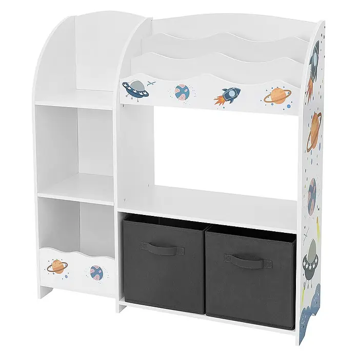 ECD Germany Holzregal Weltraum Bücherregal mit 8 Ablagen & 2 Boxen Pressspan / Vlies -  - Ein weißes Kinderregal mit Raumfahrtmotiven und zwei grauen Aufbewahrungsboxen für Spielzeug und Bücher.