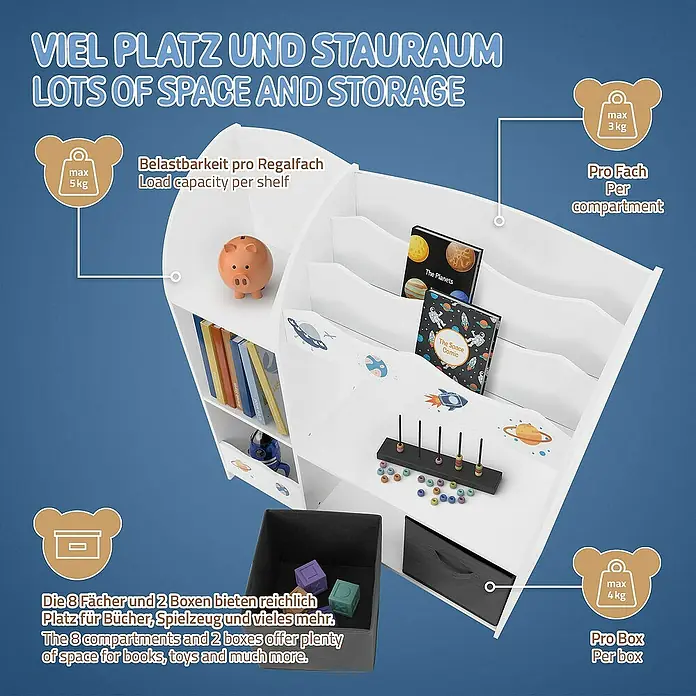 ECD Germany Holzregal Weltraum Bücherregal mit 8 Ablagen & 2 Boxen Pressspan / Vlies -  - Das Bild zeigt ein kinderfreundliches Regal mit viel Stauraum für Bücher und Spielzeug, ideal für jedes Kinderzimmer.