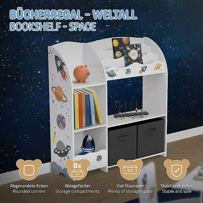 ECD Germany Holzregal Weltraum Bücherregal mit 8 Ablagen & 2 Boxen Pressspan / Vlies -  - Kinderbücherregal mit Weltraum-Motiv. Praktisches Möbelstück für Kinderzimmer mit viel Stauraum und Fächern.