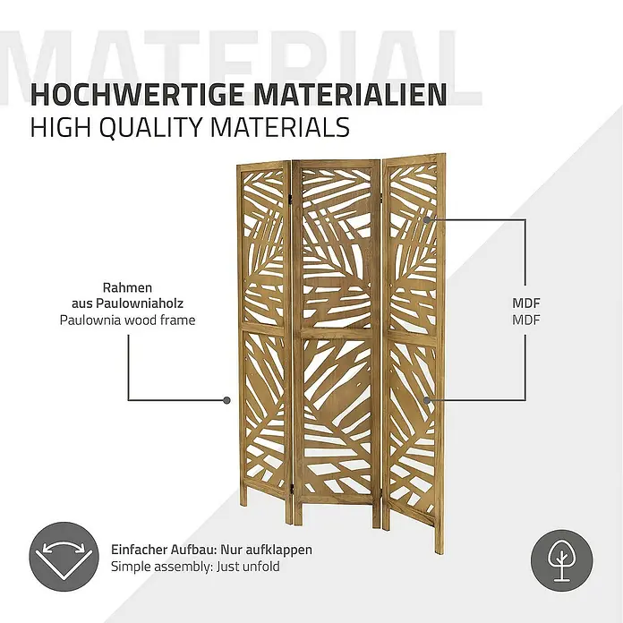 ML-Design Sichtschutzelement Raumtrenner 3-teilig Kyoto Natur Holz freistehend Trennwand - B x H: 121 x 170 cm, Holz, Braun - Das Bild zeigt einen dreiteiligen Raumteiler aus Paulowniaholz und MDF mit einem dekorativen Blätterdesign. Einfache Montage durch Ausklappen.