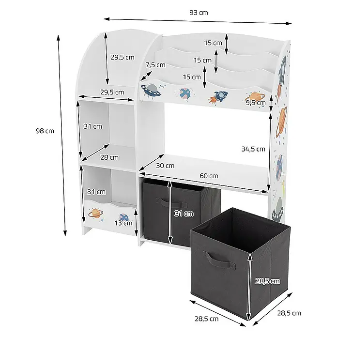 ECD Germany Holzregal Weltraum Bücherregal mit 8 Ablagen & 2 Boxen Pressspan / Vlies -  - Abmessungen des weißen Kindermöbel-Regals mit Weltraumdesign und zusätzlichen grauen Aufbewahrungsboxen für Kinderzimmer.