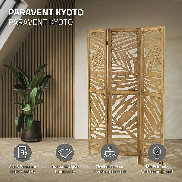 ML-Design Sichtschutzelement Raumtrenner 3-teilig Kyoto Natur Holz freistehend Trennwand - B x H: 121 x 170 cm, Holz, Braun - Das Bild zeigt einen dreiteiligen, braunen Raumteiler aus Holz mit einem Blätterdesign, der eine flexible und natürliche Ergänzung für jeden Raum darstellt.