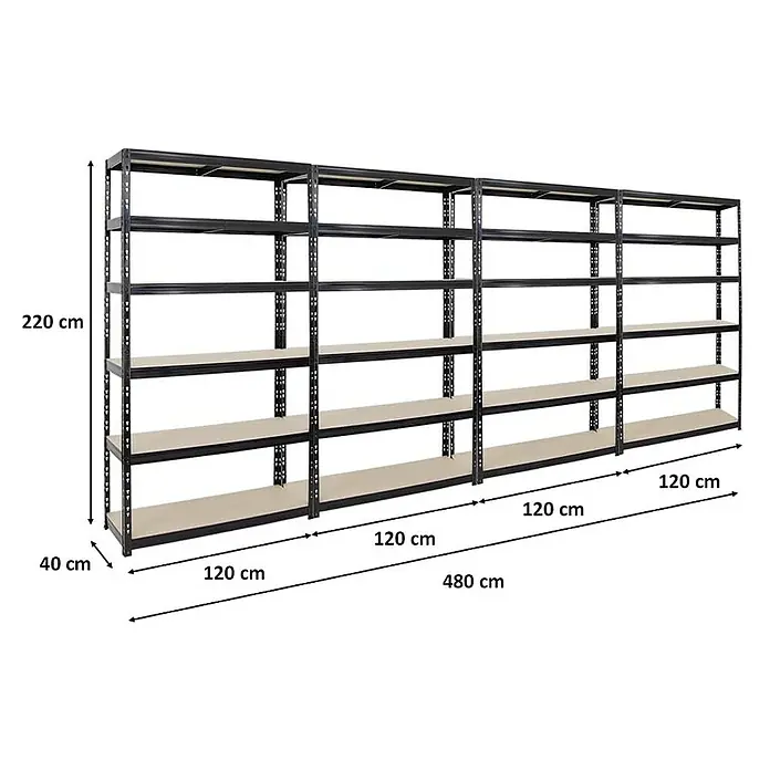 Proregal Schwerlastregal Mega Deal Giant Tiger XL - Traglast pro Boden: 265 kg, Anzahl Böden: 6 Stk., Stecken, Schwarz - Abbildung eines Metallregals mit mehreren Ebenen und den dazugehörigen Abmessungen.