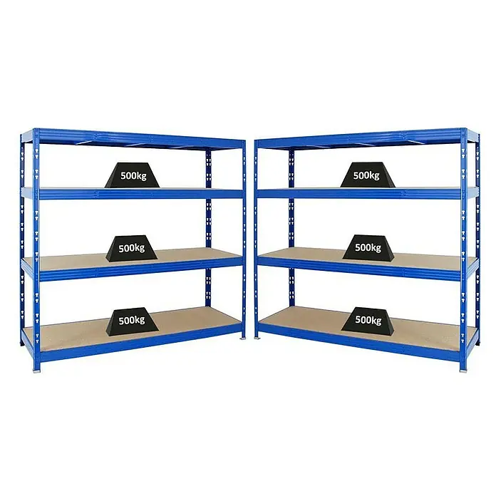 Proregal Schwerlastregal Mega Deal Profi RHINO - Traglast pro Boden: 500 kg, Anzahl Böden: 4 Stk., Stecken, Blau - Zwei blaue Schwerlastregale mit je drei Regalböden und Gewichten von 500 kg auf jedem Boden, die die Tragfähigkeit des Regals demonstrieren.