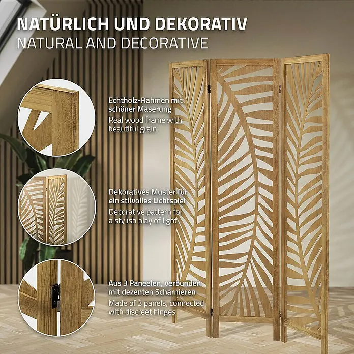 ML-Design Sichtschutzelement Raumtrenner 3-tlg Fukuoka Natur Holz freistehend Trennwand - B x H: 121 x 170 cm, Holz, Braun - Dekorativer Raumteiler aus Holz mit Blattmuster, ideal als Sichtschutz oder zur Dekoration.