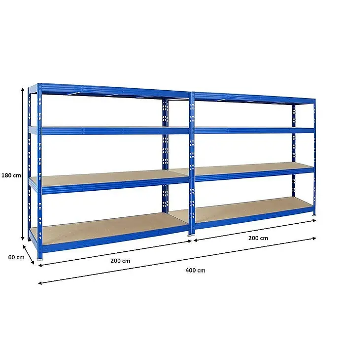 Proregal Schwerlastregal Mega Deal Profi RHINO - Traglast pro Boden: 500 kg, Anzahl Böden: 4 Stk., Stecken, Blau - Blaues Metallregal mit vier Regalböden und Maßangaben für Höhe, Breite und Tiefe.