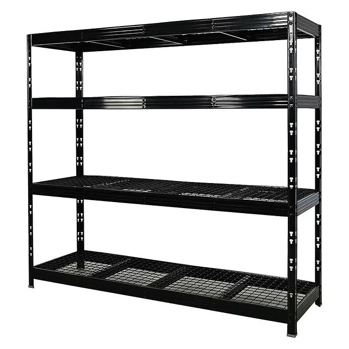 Proregal Schwerlastregal Mega Deal Profi RHINO - H x B x T: 180 x 200 x 60 cm, Traglast pro Boden: 500 kg, Anzahl Böden: 4 Stk., Stecken, Schwarz - Schwarzes Regal mit vier Ebenen und einem Gitterdesign. Ideal für Lagerung und Organisation.