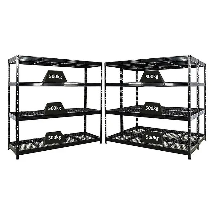 Proregal Schwerlastregal Mega Deal Profi RHINO - H x B x T: 180 x 200 x 60 cm, Traglast pro Boden: 500 kg, Anzahl Böden: 4 Stk., Stecken, Schwarz - Schwarzes Schwerlastregal mit vier Ebenen und Gewichtsangaben.