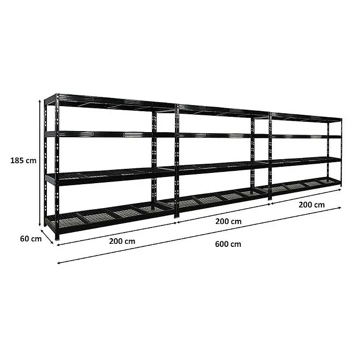 Proregal Schwerlastregal Mega Deal Profi RHINO - H x B x T: 180 x 200 x 60 cm, Traglast pro Boden: 500 kg, Anzahl Böden: 4 Stk., Stecken, Schwarz - Abbildung eines schwarzen Metallregals mit vier Ebenen und Abmessungen zur Veranschaulichung der Produktgröße.