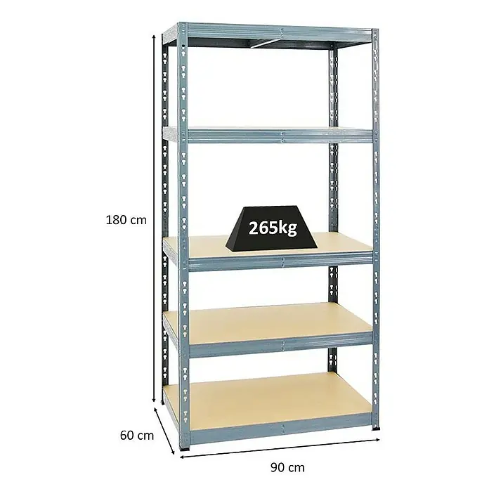 Proregal Schwerlastregal Tiger - Traglast pro Boden: 265 kg, Anzahl Böden: 5 Stk., Stecken, Grau - Bild eines Metallregals mit fünf Regalböden, gekennzeichnet mit den Maßen 180 cm Höhe, 90 cm Breite und 60 cm Tiefe. Belastung: 265kg.