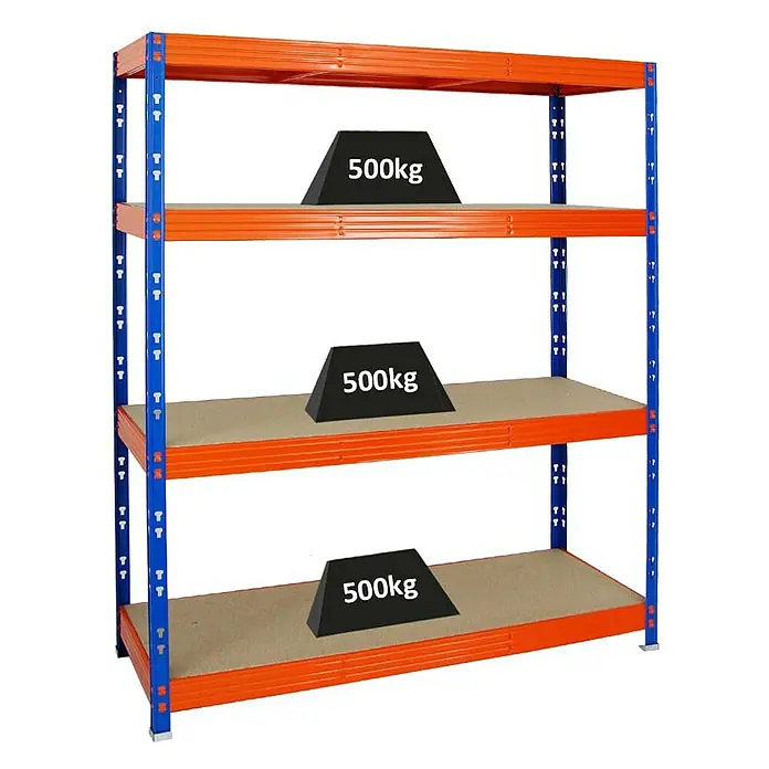 Proregal Schwerlastregal Profi RHINO - H x B x T: 180 x 160 x 60 cm, Traglast pro Boden: 500 kg, Anzahl Böden: 4 Stk., Stecken, Blau - Ein oranges Regal mit drei Ebenen, jede mit einer Last von 500kg.