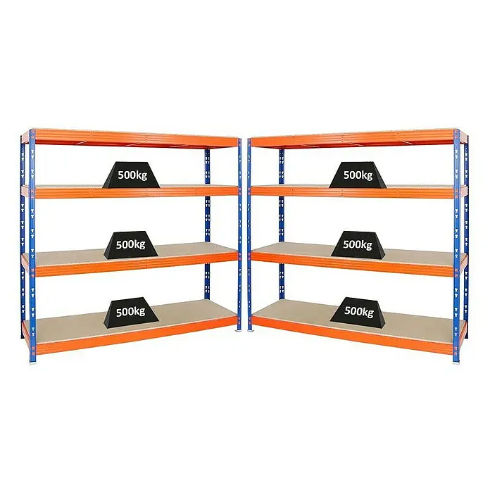 Proregal Schwerlastregal Mega Deal Profi RHINO - Traglast pro Boden: 500 kg, Anzahl Böden: 4 Stk., Stecken, Blau-Orange - Zwei Schwerlastregale mit je drei Ebenen, jede Ebene mit einem Gewicht von 500kg belastet, ideal für Lager und Werkstatt.