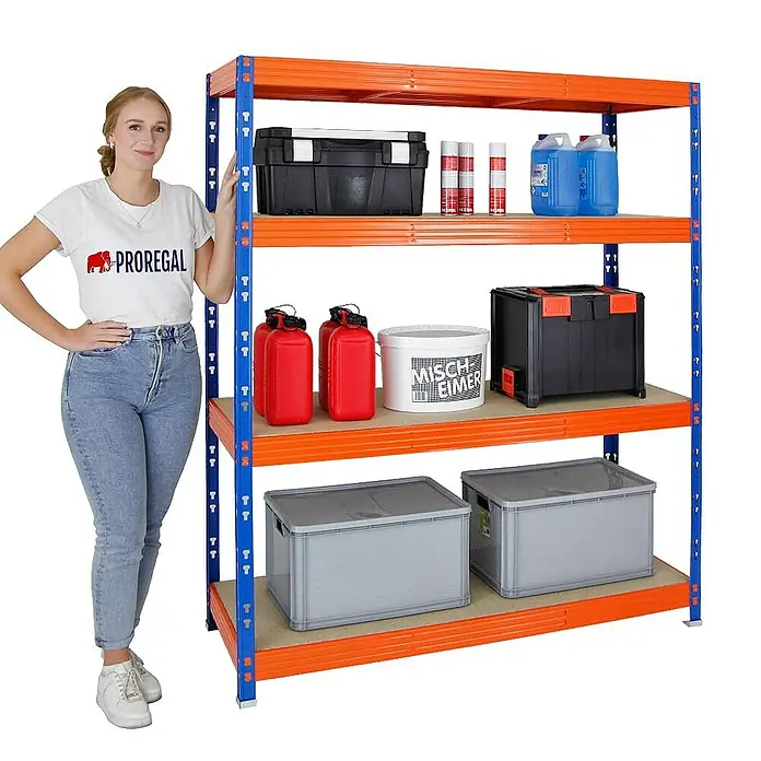 Proregal Schwerlastregal Profi RHINO - H x B x T: 180 x 160 x 60 cm, Traglast pro Boden: 500 kg, Anzahl Böden: 4 Stk., Stecken, Blau - Ein robustes, orangefarbenes Lagerregal mit vier Ebenen, ideal zur Aufbewahrung von Werkzeugkästen, Behältern und Eimern.