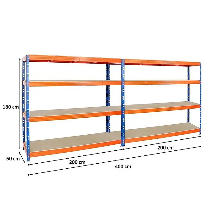 Proregal Schwerlastregal Mega Deal Profi RHINO - Traglast pro Boden: 500 kg, Anzahl Böden: 4 Stk., Stecken, Blau-Orange - Regalsystem mit vier Ebenen, ideal für Lagerung. Die Abmessungen sind 180 cm hoch, 60 cm tief und 400 cm breit.