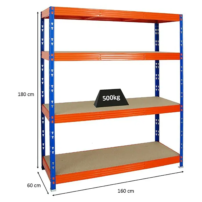 Proregal Schwerlastregal Profi RHINO - H x B x T: 180 x 160 x 60 cm, Traglast pro Boden: 500 kg, Anzahl Böden: 4 Stk., Stecken, Blau - Abbildung eines robusten Lagerregals mit vier Ebenen, ideal für schwere Lasten und optimierte Lagerung.