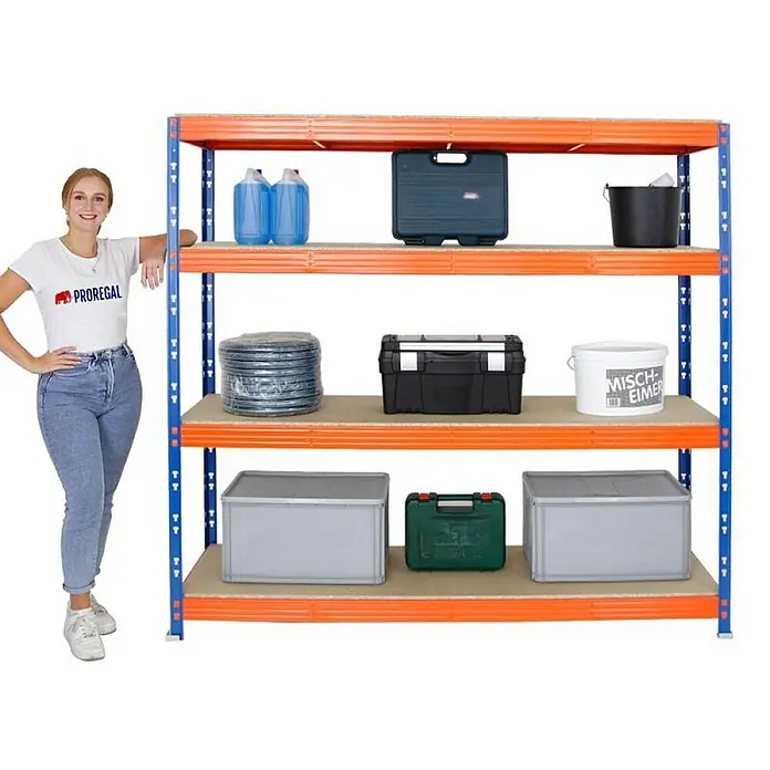 Proregal Schwerlastregal Mega Deal Profi RHINO - Traglast pro Boden: 500 kg, Anzahl Böden: 4 Stk., Stecken, Blau-Orange - Abbildung eines blauen und orangefarbenen Schwerlastregals mit vier Ebenen, gefüllt mit verschiedenen Gegenständen.