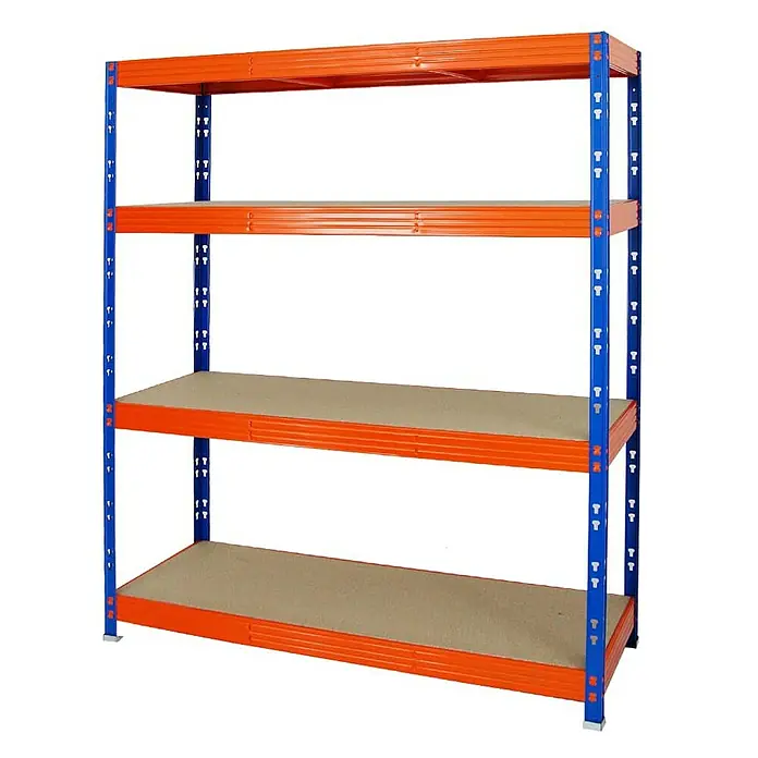 Proregal Schwerlastregal Profi RHINO - H x B x T: 180 x 160 x 60 cm, Traglast pro Boden: 500 kg, Anzahl Böden: 4 Stk., Stecken, Blau - Aufnahme des robusten, orangefarbenen und blauen Schwerlastregals mit seinen vier Ebenen für Lagerzwecke.