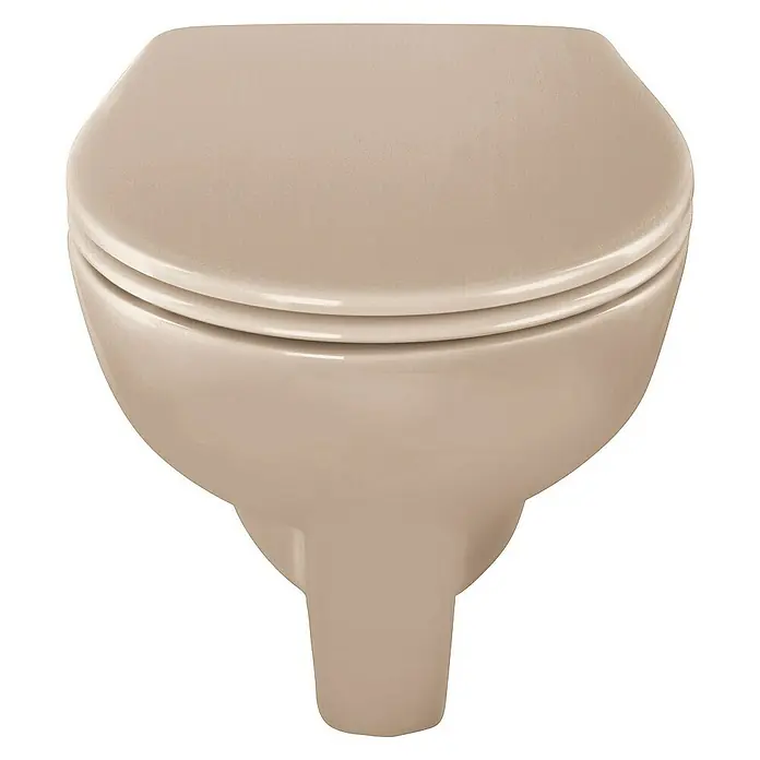 Calmwaters Wand-WC Spülrandlos mit Erhöhung - Spülrandlos, Ohne Spezialglasur, Spülform: Tief, WC Abgang: Waagerecht, Bahamabeige - Nahaufnahme einer wandhängenden Toilette in einem sanften Beigeton, die ein elegantes und platzsparendes Design zeigt.