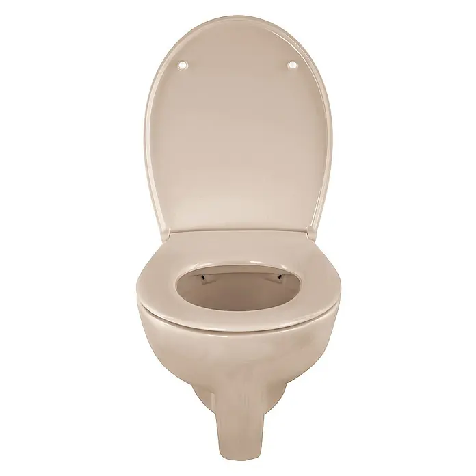 Calmwaters Wand-WC Spülrandlos mit Erhöhung - Spülrandlos, Ohne Spezialglasur, Spülform: Tief, WC Abgang: Waagerecht, Bahamabeige - Beige Wand-Toilette mit offenem Deckel, perfekt für moderne Badezimmer. Das schlichte Design fügt sich nahtlos in jedes Bad ein.