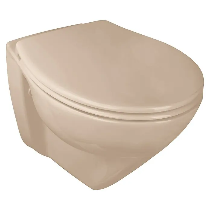 Calmwaters Wand-WC Spülrandlos mit Erhöhung - Spülrandlos, Ohne Spezialglasur, Spülform: Tief, WC Abgang: Waagerecht, Bahamabeige - Nahaufnahme einer beigen Wandtoilette mit geschlossenem Deckel, die modernes Design und Funktionalität für Badezimmerlösungen bietet.