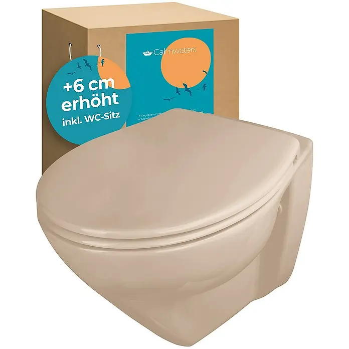 Calmwaters Wand-WC Spülrandlos mit Erhöhung - Spülrandlos, Ohne Spezialglasur, Spülform: Tief, WC Abgang: Waagerecht, Bahamabeige - Erhöhtes Wand-WC-Set von Calmwaters mit WC-Sitz, ideal für mehr Komfort im Badezimmer. Stilvolles und praktisches Design.