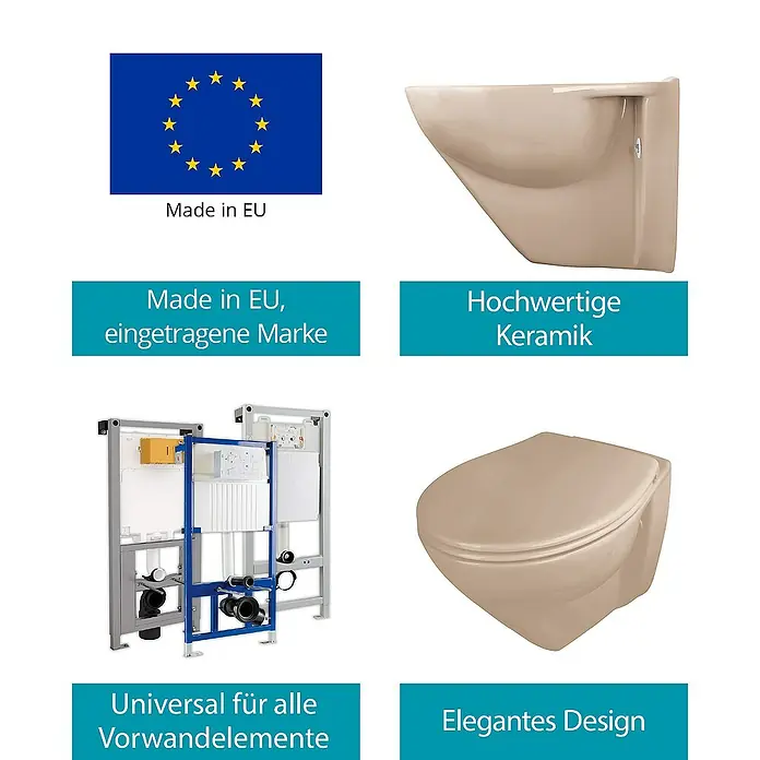 Calmwaters Wand-WC Spülrandlos mit Erhöhung - Spülrandlos, Ohne Spezialglasur, Spülform: Tief, WC Abgang: Waagerecht, Bahamabeige - Produktabbildung mit dem EU-Logo, Hinweisen zur Herstellung in der EU, hochwertiger Keramik, universellen Vorwandelementen und elegantem Design.