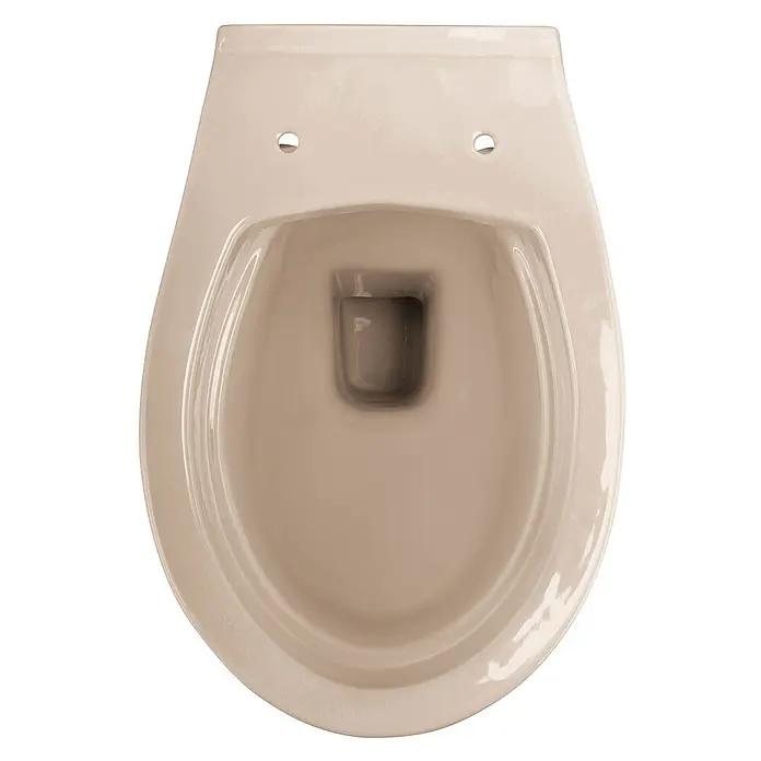 Calmwaters Wand-WC Spülrandlos mit Erhöhung - Spülrandlos, Ohne Spezialglasur, Spülform: Tief, WC Abgang: Waagerecht, Bahamabeige - Eine Nahaufnahme einer beigen Toilettenschüssel, die ein elegantes Design und eine glatte Oberfläche aufweist. Sie ist bereit für die Installation in Ihrem Badezimmer.