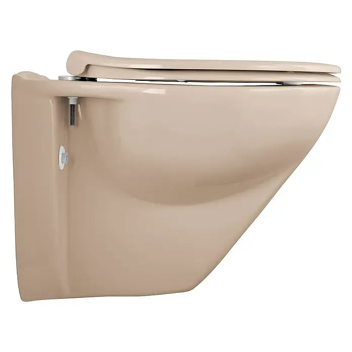 Calmwaters Wand-WC Spülrandlos mit Erhöhung - Spülrandlos, Ohne Spezialglasur, Spülform: Tief, WC Abgang: Waagerecht, Bahamabeige - Nahaufnahme einer wandmontierten Toilette in Beige, die ein modernes und platzsparendes Design zeigt.\n