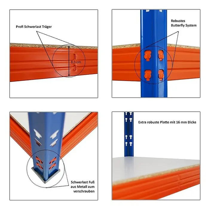 Proregal Schwerlastregal Mega Deal Profi RHINO - Traglast pro Boden: 500 kg, Anzahl Böden: 4 Stk., Stecken, Blau-Orange - Detailansichten eines Schwerlastregals mit Fokus auf Träger, Fuß, Butterfly System und Platte.