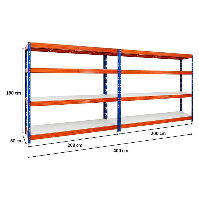 Proregal Schwerlastregal Mega Deal Profi RHINO - Traglast pro Boden: 500 kg, Anzahl Böden: 4 Stk., Stecken, Blau-Orange - Abbildung eines Regalgestells mit den Maßen 180x60x200 cm und einer Gesamtlänge von 400 cm.