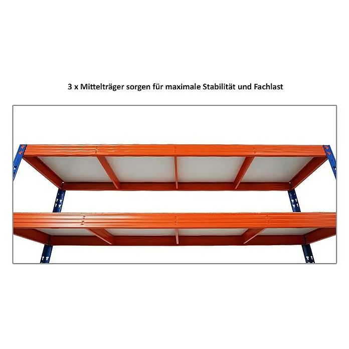 Proregal Schwerlastregal Mega Deal Profi RHINO - Traglast pro Boden: 500 kg, Anzahl Böden: 4 Stk., Stecken, Blau-Orange - Das Bild zeigt ein Schwerlastregal mit 3 Mittelträgern, die für maximale Stabilität und Fachlast sorgen. Das Regal ist ideal für Lager und Werkstätten.