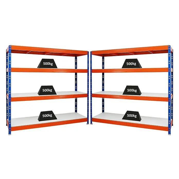 Proregal Schwerlastregal Mega Deal Profi RHINO - Traglast pro Boden: 500 kg, Anzahl Böden: 4 Stk., Stecken, Blau-Orange - Zwei Schwerlastregale mit jeweils 500 kg Gewichten auf den Regalböden, ideal für Lager und Werkstatt.