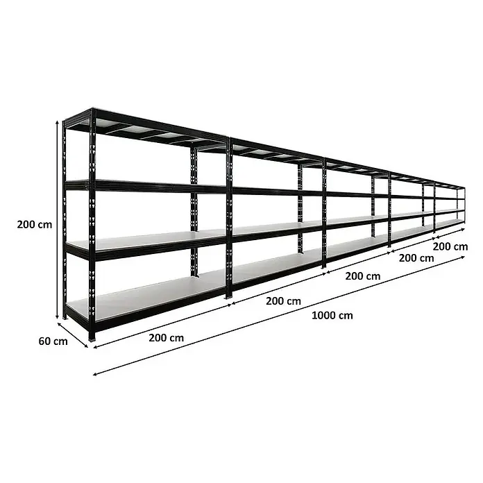 Proregal Schwerlastregal Mega Deal Profi RHINO - Traglast pro Boden: 500 kg, Anzahl Böden: 4 Stk., Stecken, Schwarz - Abgebildet ist ein schwarzes Schwerlastregal mit mehreren Ebenen und den Maßen 200 cm Höhe und 60 cm Tiefe.