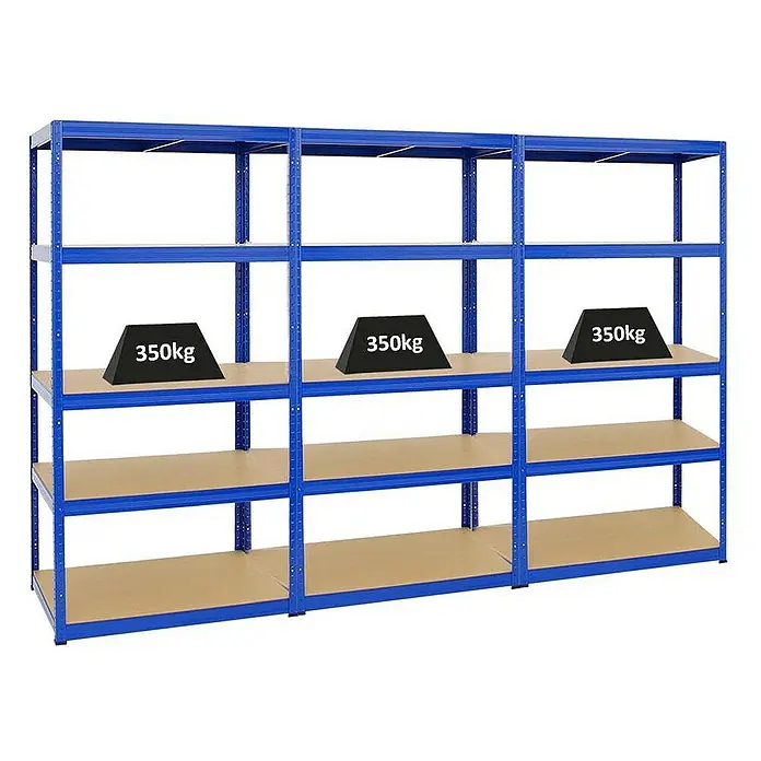 Proregal Schwerlastregal Mega Deal Slim Elephant M - H x B x T: 180 x 90 x 60 cm, Traglast pro Boden: 350 kg, Anzahl Böden: 5 Stk., Stecken, Blau - Dieses Bild zeigt ein robustes Schwerlastregal mit drei Regalebenen, belastet mit Gewichten von 350 kg, ideal für Lagerung.