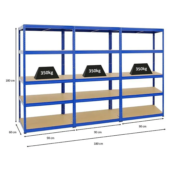 Proregal Schwerlastregal Mega Deal Slim Elephant M - H x B x T: 180 x 90 x 60 cm, Traglast pro Boden: 350 kg, Anzahl Böden: 5 Stk., Stecken, Blau - Abbildung eines blauen Schwerlastregals mit drei Ebenen, von denen jede mit einem Gewicht von 350 kg belastet ist.